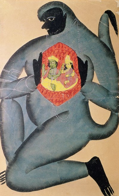 Hanuman rivela Rama e Sita racchiusi nel suo cuore, dipinto da un membro della casta Patua, 1880 da Indian School