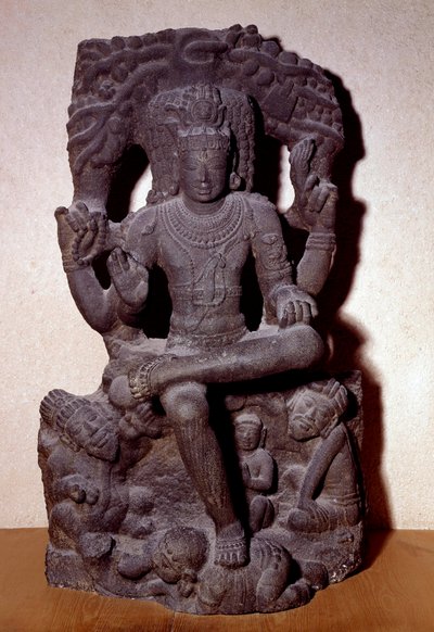 Rappresentazione di una delle manifestazioni di Shiva seduto su una roccia da Indian School