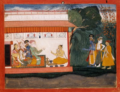 Illustrazione al Bhagvata Purana che raffigura Balarama che prende Akrura per mano con il suo fratello minore Krishna, c.1700 da Indian School