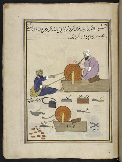 Affilatori di coltelli, 86 disegni rilegati in un volume che raffigurano mestieri e occupazioni in Kashmir, artigiani al lavoro con i loro strumenti e attrezzature, di un artista del Kashmir, probabilmente a Srinagar, c.1850-60 da Indian School