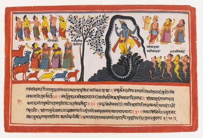 Krishna conquista il serpente Kaliya, pagina da una serie dispersa del Bhagavata Purana, c.1775 da Indian School