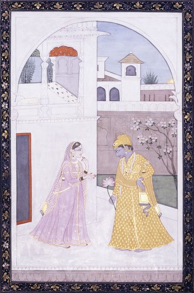 Krishna in piedi con un fiore di loto, il suo amante in un sari rosa, c. 1800 da Indian School