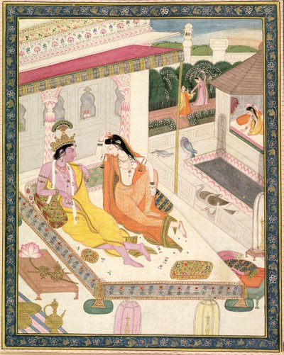 Krishna e Radha su un letto in un palazzo Mogul, Punjab, c.1860 da Indian School
