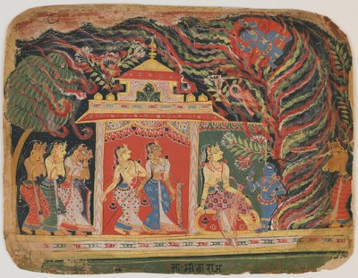 Krishna portato via dal Demone del Vortice, dal Bhagavata Purana, c.1520-30 da Indian School