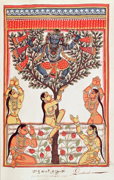 Krishna che ruba i vestiti delle Gopi che nuotano nel fiume Yamuna da Indian School