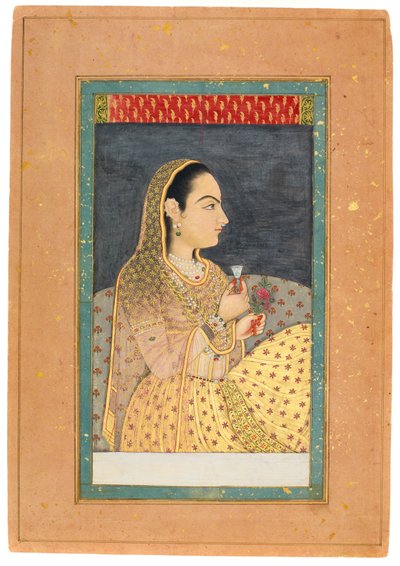 Signora con una tazza e un fiore, inizio XVIII secolo da Indian School
