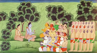 Lakshmana consulta i capi degli eserciti delle scimmie, dal Ramayana da Indian School