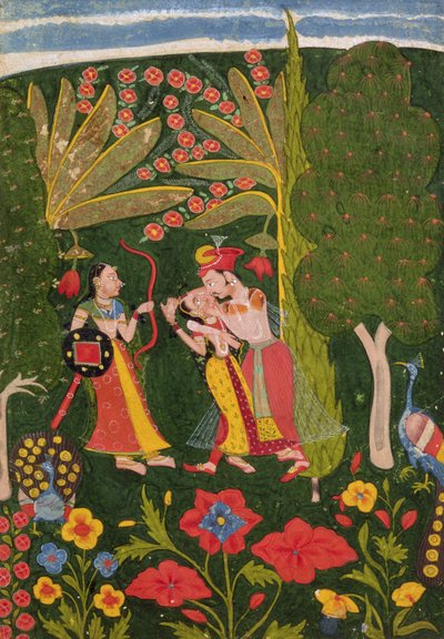 Amanti che si abbracciano in una foresta, Bundi, c.1650 da Indian School