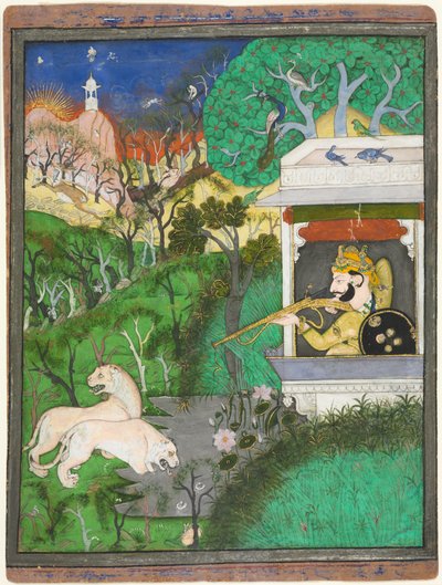 Maharaja Chattarsol di Kotah che spara ai leoni, c. 1860 da Indian School