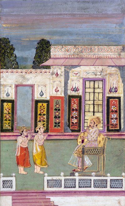 Maharaja Sawai Jai Singh accolto da due uomini incoronati da Indian School