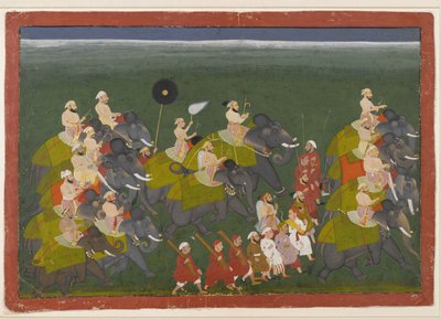 Maharana Sangram Singh di Mewar in una processione di elefanti, Udaipur, Rajasthan, c.1730-40 da Indian School