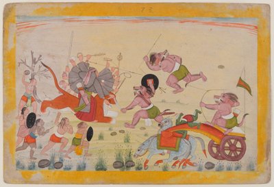 Mahasura attacca la Devi, foglio da una serie Devi Mahatmya dispersa, c.1770-80 da Indian School