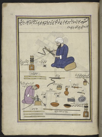 Uomini che coprono serpenti di hookah con filo e filo metallico, 86 disegni rilegati in un volume che raffigurano mestieri e occupazioni in Kashmir, Artigiani al lavoro con i loro strumenti e attrezzature, Di un artista del Kashmir, probabilmente a Srinaga da Indian School