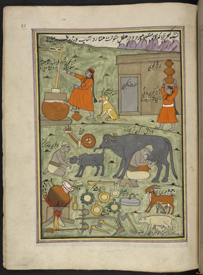 Lattaio della casta Gujar nella foresta, 86 disegni rilegati in un volume che raffigura mestieri e occupazioni in Kashmir, Artigiani al lavoro con i loro strumenti e attrezzature, da un artista del Kashmir, probabilmente a Srinagar, c.1850-60 da Indian School