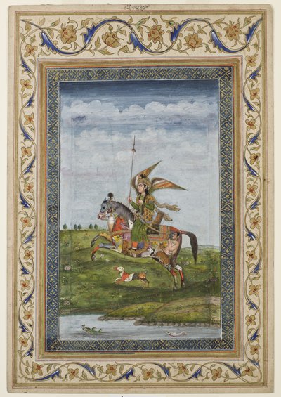 Miniatura che raffigura una scena con una figura alata su un cavallo, probabilmente scuola di Delhi, Mughal, indiana, inizio XIX secolo da Indian School