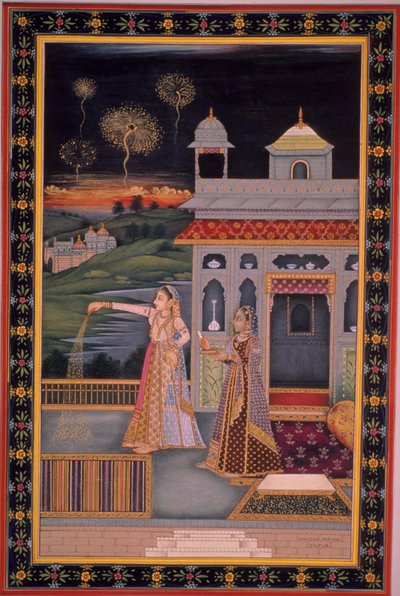 Miniatura di donna che festeggia il Diwali, India (acquerello su carta) da Indian School