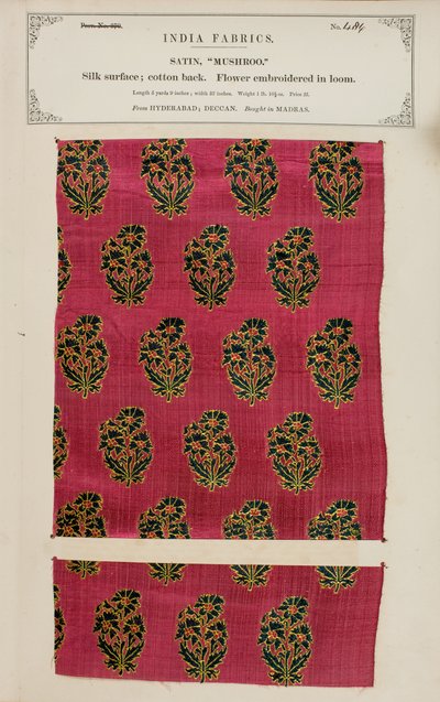 Campione di raso Mushroo da Hyderabad nel Deccan, dalla Collezione dei Produttori di Tessuti dell