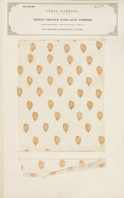 Campione di mussola stampata con fiori dorati da Jeypore in Rajpootana States, da The Collection of the Textile Manufacturers of India, di John Forbes Watson, pubblicato nel 1866 da Indian School