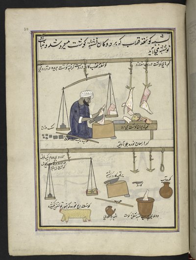 Macellaio di montone, 86 disegni rilegati in un volume che raffigura mestieri e occupazioni in Kashmir, Artigiani mostrati al lavoro con i loro strumenti e attrezzature, di un artista del Kashmir, probabilmente a Srinagar, c.1850-60 da Indian School