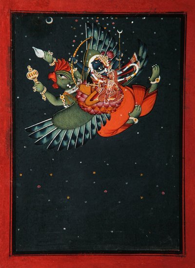 Sulle ali di Garuda: Krishna e Satyabhama volano nel cielo notturno da Indian School