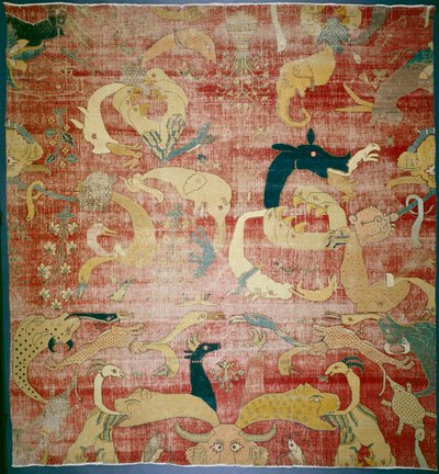 Parte di un tappeto con animali fantastici su fondo rosso, Mughal, c.1580-85 da Indian School