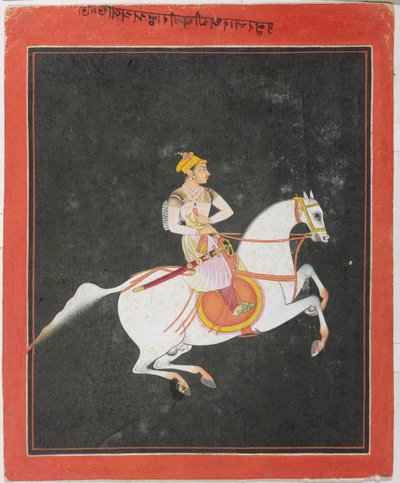 Ritratto di Kunwar Baharat Singh a cavallo, di Utkalrama, iscritto in alto e sul retro in Devanagari, Bundi, Rajasthan, Scuola Rajput da Indian School