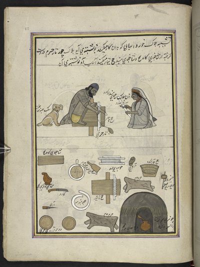 Costruttori di ventagli, 86 disegni rilegati in un volume che raffigura mestieri e occupazioni in Kashmir, artigiani al lavoro con i loro strumenti e attrezzature, da un artista del Kashmir, probabilmente a Srinagar, c.1850-60 da Indian School