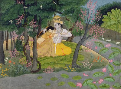Radha e Krishna si abbracciano in un boschetto di alberi in fiore, c.1780 da Indian School