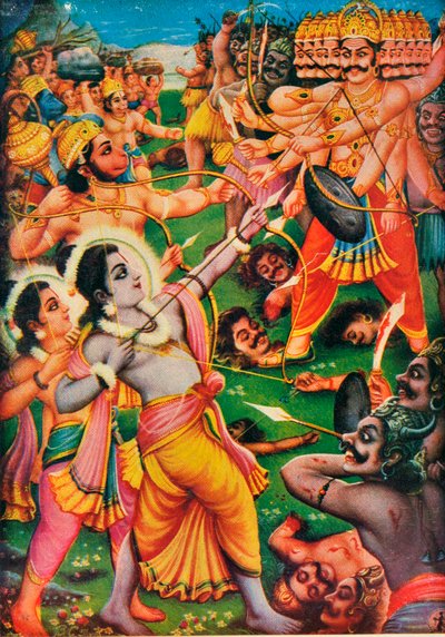 Rama e Hanuman che combattono contro il demone Ravana, scena dal Ramayana da Indian School