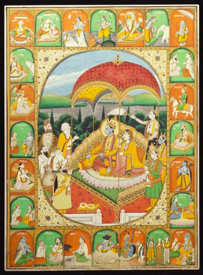 Rama e Sita in trono, adorati da Shiva, Hanuman e altri, 1800-20 da Indian School