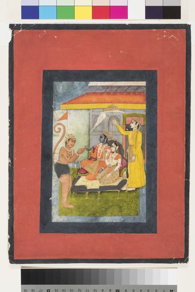 Rama e Sita in trono, adorati da Hanuman; Lakshmana tiene un morchal da Indian School