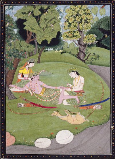 Rama reclinato contro Sita, mentre suo fratello Laksman estrae una spina dal suo piede, 1845 da Indian School