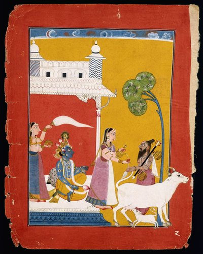 Rukmini offre acqua al saggio Narada mentre il suo consorte Krishna siede nella sua casa da Indian School