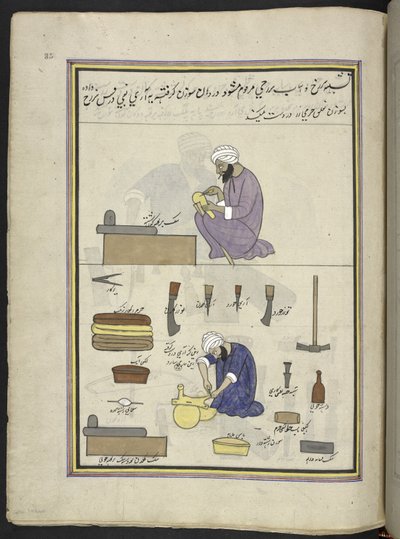 Sellaio, 86 disegni rilegati in un volume che raffigurano mestieri e occupazioni in Kashmir, Artigiani al lavoro con i loro strumenti e attrezzature, Di un artista del Kashmir, probabilmente a Srinagar, c.1850-60 da Indian School