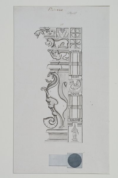 Colonna scolpita con un leone e altre figure da Indian School