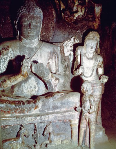 Buddha Seduto che fa il primo gesto di insegnamento, dalla Sala Caitya della Grotta 10 da Indian School