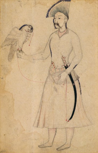 Shah Abbas I di Persia (1588-1629) con un falco, dopo un originale dei primi del XVII secolo, Mughal, inizio XIX secolo (disegno a pennello su carta) da Indian School
