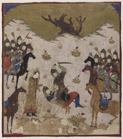 Shahru identifica Burzu come nipote di Rustam durante il combattimento finale tra Rustam e Burzu, c.1425-50 da Indian School