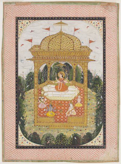 Shakti con Shiva e altri dei in un tempio, c.1780 (guazzo e oro su carta) da Indian School