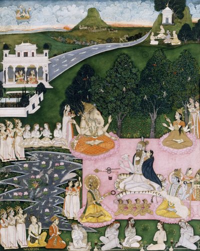 Shiva seduto su una pelle di tigre, tiene Devi avvolta in un mantello, c.1760 da Indian School