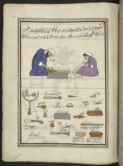 Calzolaio e sua moglie che fanno una pantofola, 86 disegni rilegati in un volume che raffigurano mestieri e occupazioni in Kashmir, Artigiani al lavoro con i loro strumenti e attrezzature, Di un artista del Kashmir, probabilmente a Srinagar, c.1850-60 da Indian School