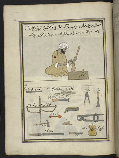 Costruttore di sitar, 86 disegni rilegati in un volume che raffigura mestieri e occupazioni in Kashmir, artigiani al lavoro con i loro strumenti e attrezzature, da un artista del Kashmir, probabilmente a Srinagar, c.1850-60 da Indian School