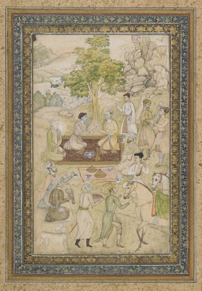 Sultano Murad e Sultano Daniyal a un picnic, foglio di album staccato con dipinto da Indian School