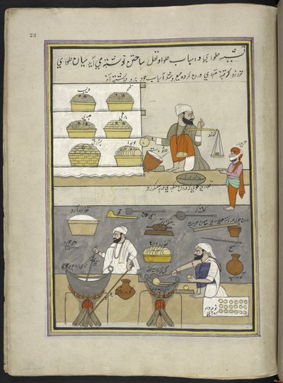 Produttori di dolci, 86 disegni rilegati in un volume che raffigura mestieri e occupazioni in Kashmir, Artigiani al lavoro con i loro strumenti e attrezzature, Di un artista del Kashmir, probabilmente a Srinagar, c.1850-60 da Indian School