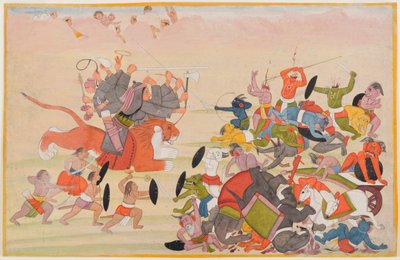 La Devi sconfigge Mahishasura, foglio da una serie Devi Mahatmya dispersa, c.1770-80 da Indian School