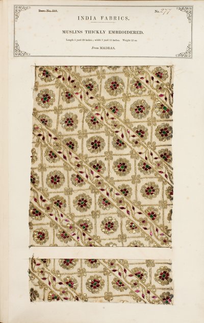Campione di mussola ricamata densamente da Madras, da The Collection of the Textile Manufacturers of India, di John Forbes Watson, pubblicato nel 1866 da Indian School