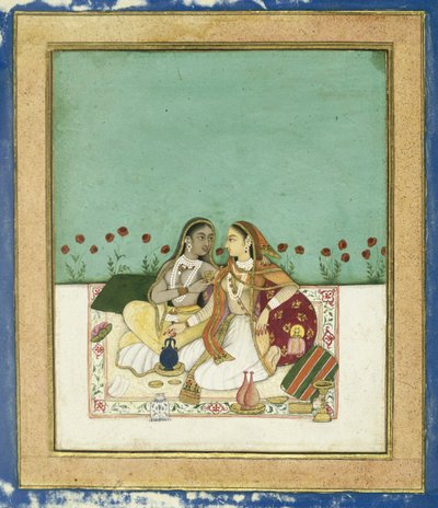 Due donne su una terrazza, dopo il 1700 (acquerello opaco e oro su carta) da Indian School