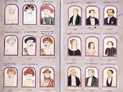 Due fogli da un album di ritratti nativi ed europei, c.1830-1850 da Indian School