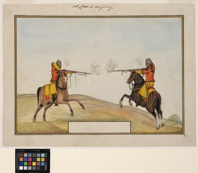 Due soldati a cavallo che si scambiano colpi di fucile, c.1830 da Indian School