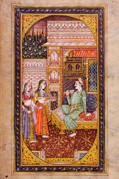 Due domestiche servono rinfreschi a un nobile in una stanza riccamente decorata, miniatura rajasthani da Indian School